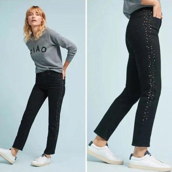New AG The Isabelle Studded High-Rise Straight-Leg Cropped Black Jeans size 24 - Picture 3 of 16